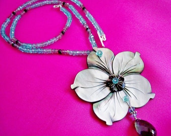 Mother of Pearl, Shell, Flower, Apatite, Labradorite Necklace
