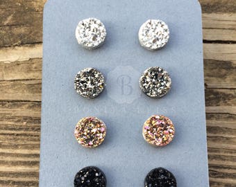 Raw Druzy earring set - Four pairs of raw faux Druzy stud earrings, Light silver, dark silver, gold multicolored, black, Druzy gift set