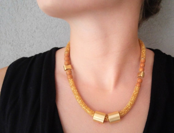Gold Mesh Necklace, Big Funky Necklace, Statement Jewelry, Chunky Womens Necklace, Large Womens Golden Necklace, Bib mesh Necklace