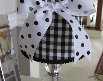 Chandelier Lamp Shade in Black and White Gingham Check with White and Black Dot Bow