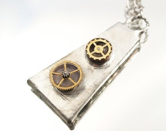 Modern Steampunk Soldered Necklace Watch Gears Resin Mixed Media Necklace