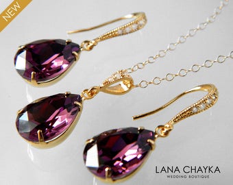 Amethyst Gold Jewelry Set Purple Crystal Earrings&Necklace Set Swarovski Amethyst Rhinestone Jewelry Set Wedding Bridal Bridesmaids Jewelry