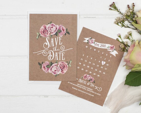 Rustic Save The Date Card - A6 Kraft Rustic Rose