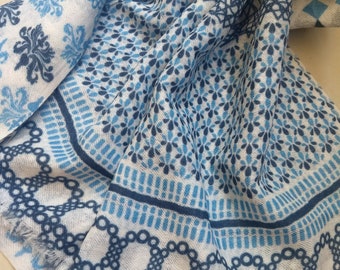 Blue and White Geometric Wool Scarf