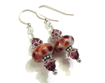 Purple & Pink Lampwork Earrings With Purple Swarovski Crystals, Purple Earrings, Pink Earrings, Crystal Earrings, Lampwork Earrings