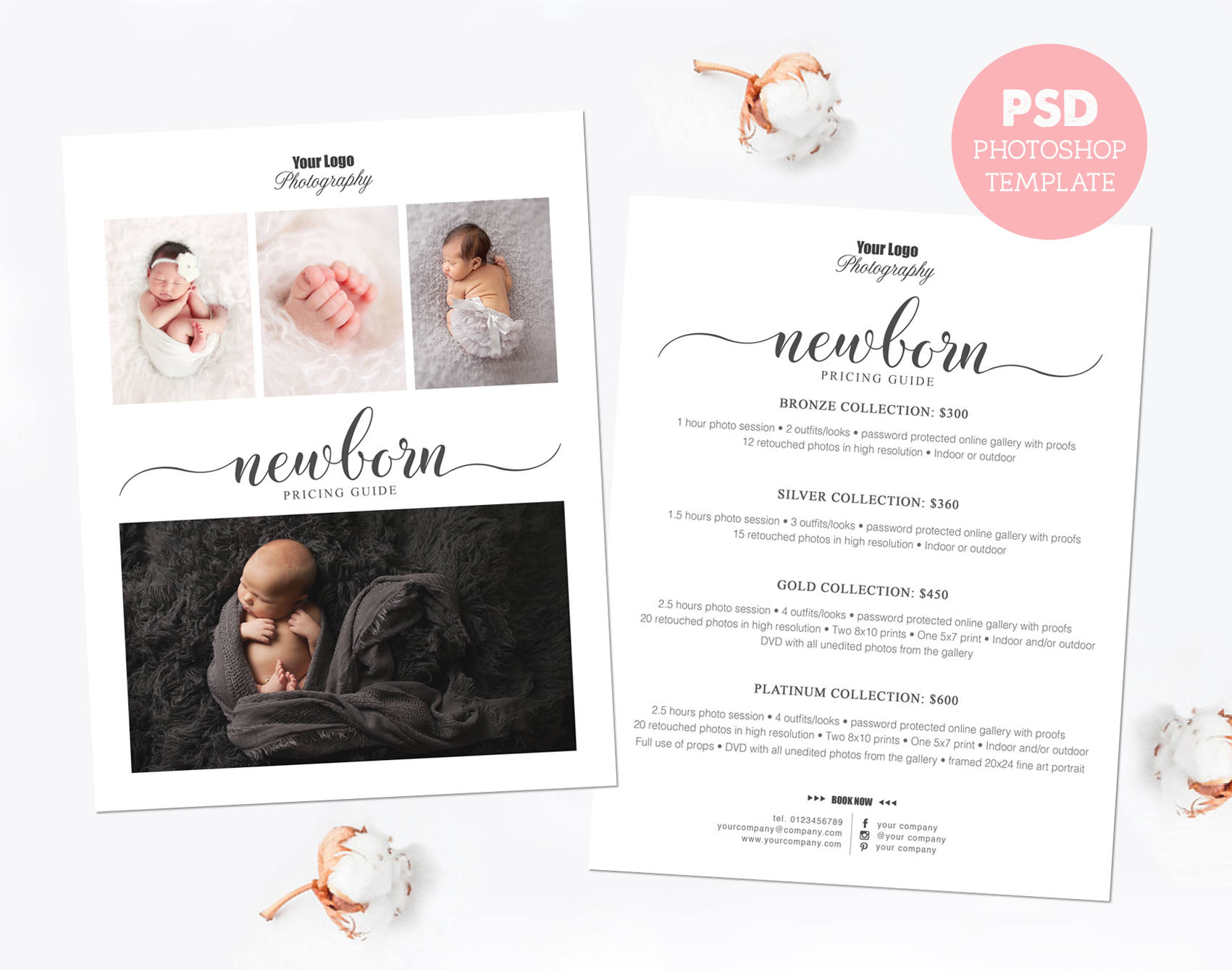 Pricing template. Newborn photography price list. Marketing