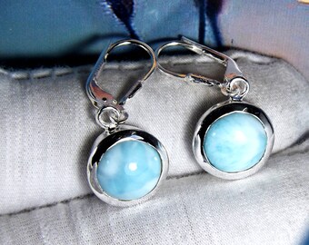 Larimar earring, Lever Back Hook Earring, Teardrop Larimar Earring, Larimar Gemstone Earring, Round Stone Earring, Unique Earring,Size- 10MM