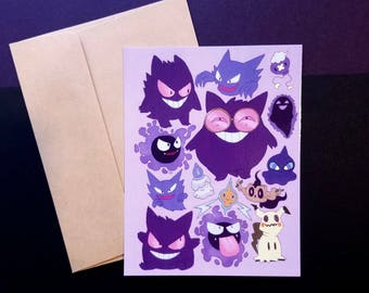Ghost Pokémon postcard print, mini pokemon art print, ghost type small fanart, Gengar Haunter Gastly mimikyu print