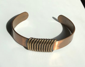 Vintage Copper Cuff Bracelet With Embossed Wire Wrapped Design