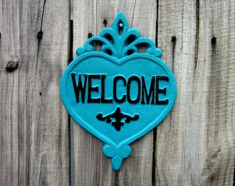 Welcome Plaque, Cast Iron, Turquoise, Black, Welcome Sign, Heart Plaque, Door Sign, Ornate Welcome Plaque, Indoor, Outdoor, Welcome