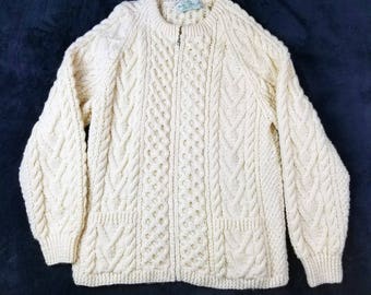 Quills Woolen Market Irish Handcrafted Cable Knit Zip Cardigan Cream Sweater Vintage
