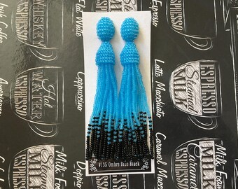Beaded Tassel Clip-On Earrings Ombre Blue Black