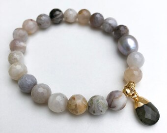 Bamboo Leaf Agate & Pearl Bracelet