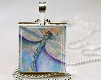 Purple oil pastel painting dragonfly glass tile necklace, insect print, dragonfly pendant, purple wax cord chain
