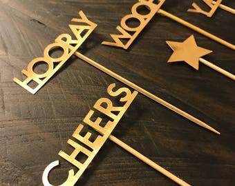 Gold Cupcake Toppers, Yay, Hooray, Woohoo, Cheers, Celebration Party, Food Picks, Customize it! Personalize it!