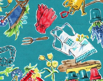 Turquoise Green Garden Print Cotton Fabric - 2.5 Yards x 42" Wide - Spring Flower Print Green Home Decor DIY Gardening Apron Sewing Project