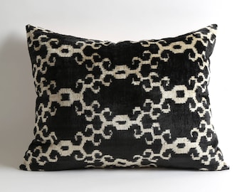 Black and white silk velvet ikat pillow cover 16x20 handwoven hand dyed pillow
