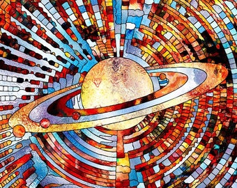 Planet Stained Glass Abstract Mosaic Science Postcard Poster Art Print Q45