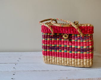 Vintage Woven Basket || Colorful Straw Bag