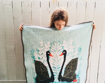 Black Swan Quilt, Organic Cotton and Natural Linen Quilt, Crib Quilt, Toddler Quilt, Baby Quilt, Ocean, Black Swan