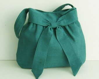Sale - Teal Hemp/Cotton Bag, tote, purse, messenger, shoulder bag, handbag, work, everyday bag, bow, hemp - AMY
