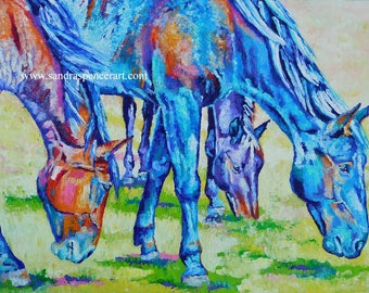 Original Colorful Horse Friends Oil Painting 18"x24" by Sandra Spencer"
