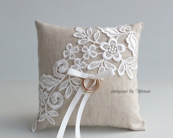 Ring bearer pillow, wedding ring linen pillow with embroidered floral lace-ring bearer, ring cushion, ready to ship