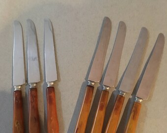 Vintage Bakelite Flatware- Sta-Brite Set of 7 knives- Caramel and Butterscotch