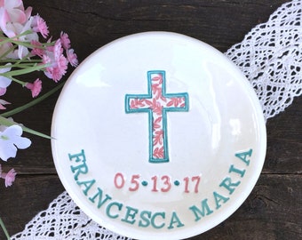 First Communion Gift - Baptism Gift - Personalized Ceramic Religious Keepsake Dish with Cross, Confirmation Gift, Christening Gift