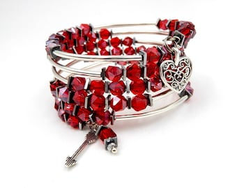 Silver and red bracelet, silver wrap bracelet, silver memory wire bracelet, memory wire wrap bracelet, valentines bracelet, valentines gift