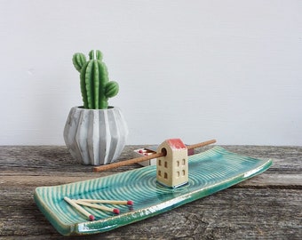 incense burner, incense holder, turquoise incense holder for Tibetan incense sticks, incense dish ceramic