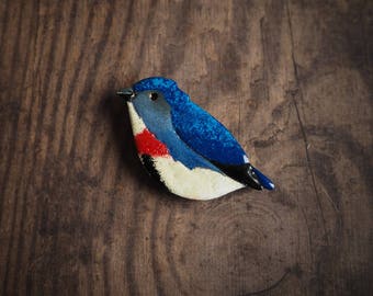 Fire breasted flowerpecker brooch, blue bird brooch, enameled copper pin, nature inspired, gift for her, cute bird pin, gift for good luck