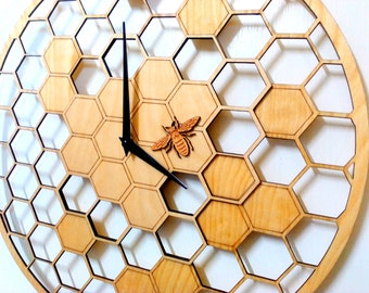 Bee Cells, Laser cut, WALL CLOCK 15.7" Diameter, Large wall clock, Wall Art, Big wall clocks, Large wooden wall clock, Clocks for sale