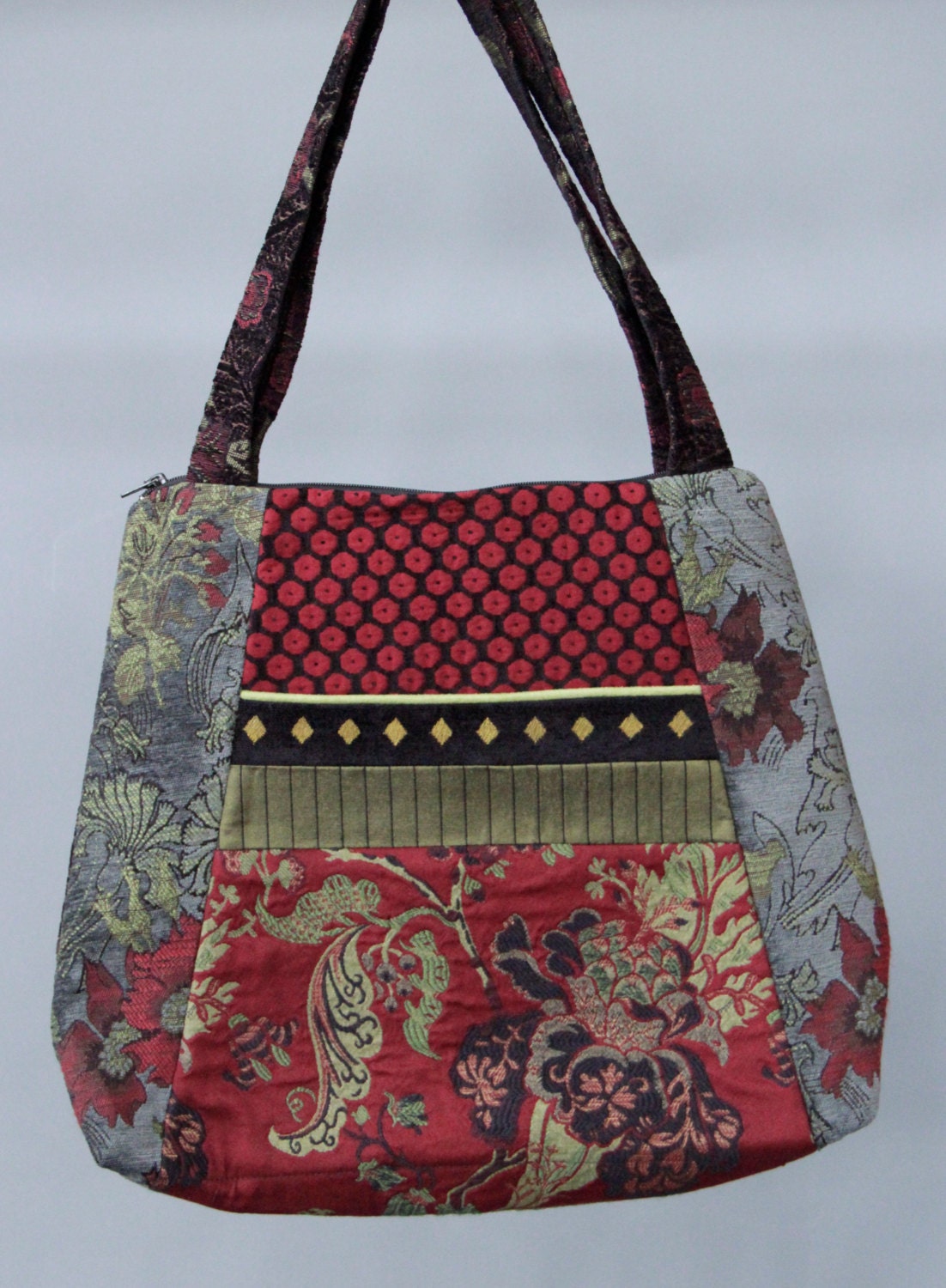 Slate Tapestry Tote Bag in Gray and Red Floral Upholstery Fabric Large