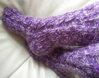 Purple hand knit socks,mohair blend wool,angora,thick and soft bed socks, slippers.UK size 4-10, EU 36-46, US 4- 11.Kozizake.