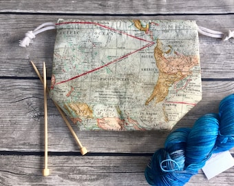 Exploring the World -- Project Bag -- Drawstring Knitting Bag -- Yarn Bag -- Crochet Bag