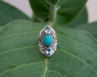 Turquoise Ring, Turquoise and Blue Topaz Ring Sterling Silver, Statement Ring, Boho Ring, Turquoise Jewelry, Blue Stone Ring, Southwestern