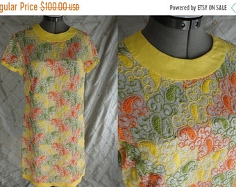 ON SALE 60s 70s Dress // Vintage Yellow Orange Green Paisley Embroidered Dress by R&K Originals Size L 30" waist