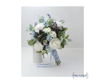 Wedding Bouquet, Boho Bouquet, Bridal Bouquet, Blue Bouquet, Faux Bouquet, Artificial Flower Bouquet, Wedding Flowers, Blue, White, Cream