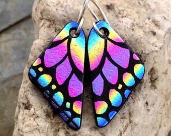 SMALL Butterfly Earrings Hand Etched Dichroic Glass Pink Rainbow & Sterling Silver