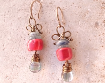 Bronze earrings-stone coral, agate