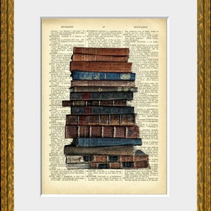 OLD STACK of BOOKS dictionary art print - an upcycled antique dictionary page with photograph of old books - vintage charm wall decor