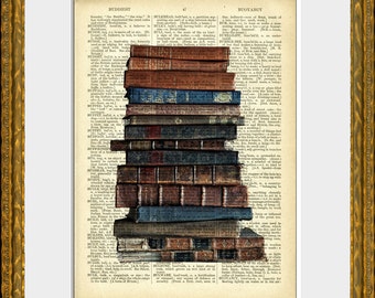 OLD STACK of BOOKS dictionary art print - an upcycled antique dictionary page with photograph of old books - vintage charm wall decor