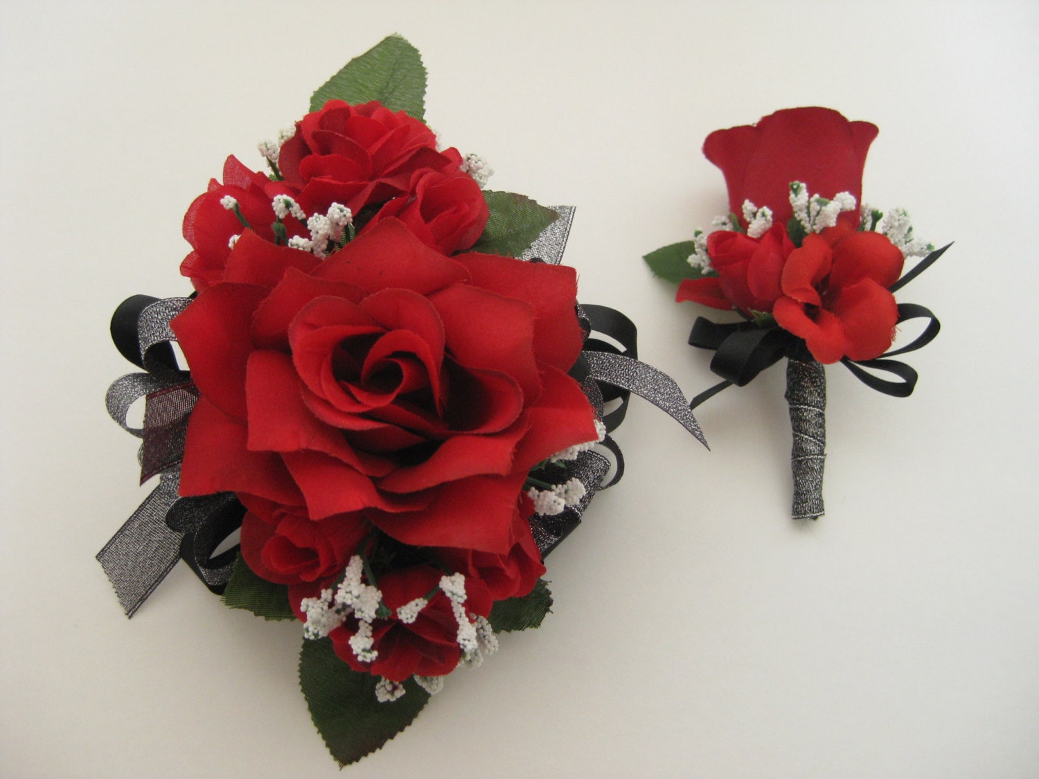 Wedding Prom Metallic Black Red Rose Flower Wrist Corsage or
