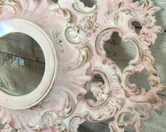 A vintage 19" flowered baroque ceiling medallion,, Pink, gold and white
