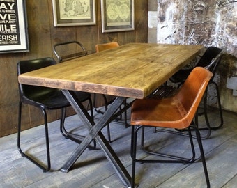 Vintage Industrial Rustic Reclaimed Plank Top Dining Table X-Frame Steel Base (Handmade UK)