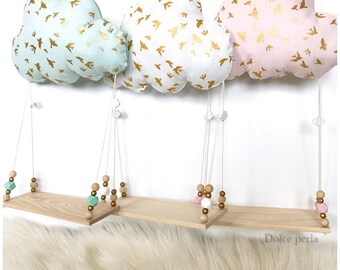 Jolie veilleuse nuage et sa balançoire en bois et perles - décoration style scandinave - mint rose ou ivoire