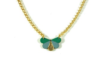 leather butterfly necklace green, greyish blue and gold