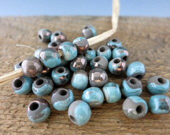 6 Mykonos Frosted Copper Raku Pearls, 6-7mm, 3mm Hole, Ceramic Bead with Copper Oxide finish, Made in Greece, RB7259