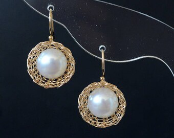 Princess-Gold Freshwater Pearl Dangle Earrings-14K Gold Filled Wire Earrings-Wire Weaved-Gift For Women
